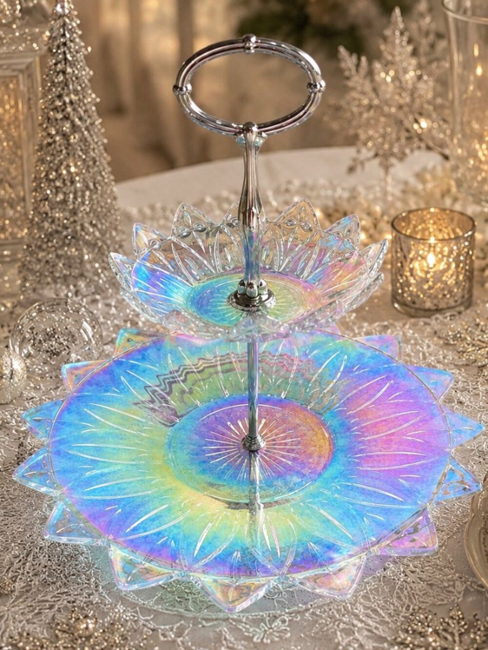 Vintage Federal Glass Petal Iridescent Carnival Glass 2-Tier Serving Tray MCM